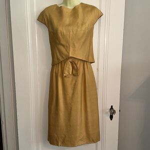Vintage 50s/60s Saks Fifth Avenue gold dress outfit with bow on front
